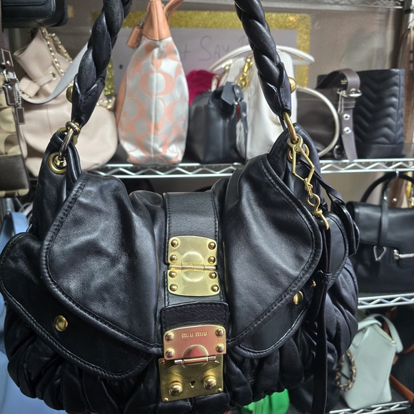Miu Miu Handbags - Miu Miu Black Leather Shoulder Bag with Gold Hardware